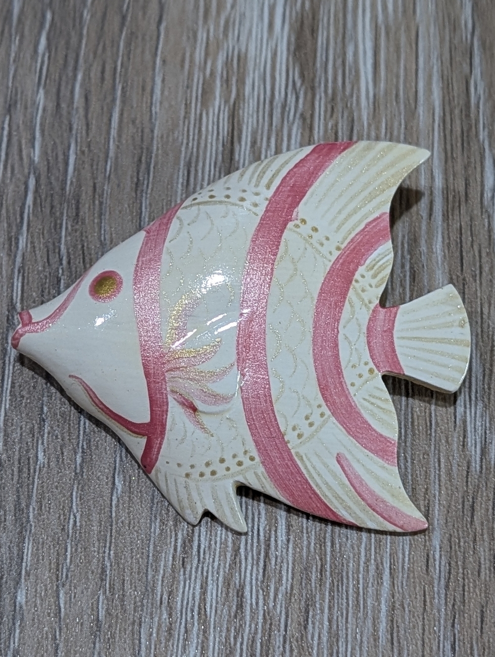 Hand Carved, Hand Painted Pink & Gold Wooden Angel Fish Brooch